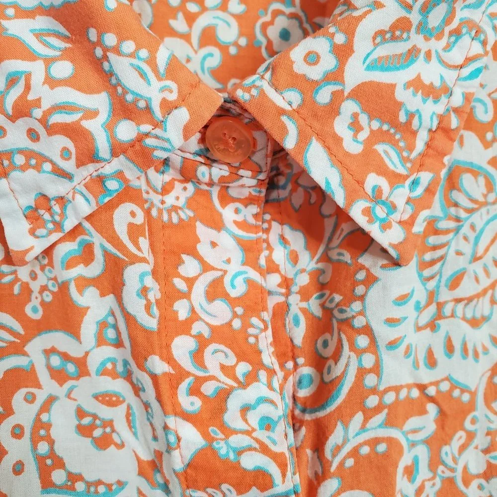 JNY Signature Sz XL Blouse Button Front Floral Roll Tab Cotton Side Vents Orange - Picture 11 of 14